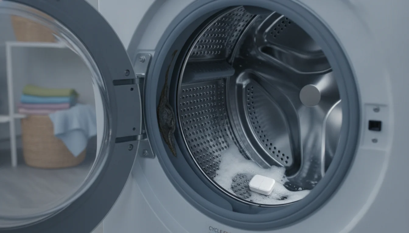 A dishwasher tablet in an empty washing machine at 60 degrees proves a surprisingly effective method to eliminate scrud and odors